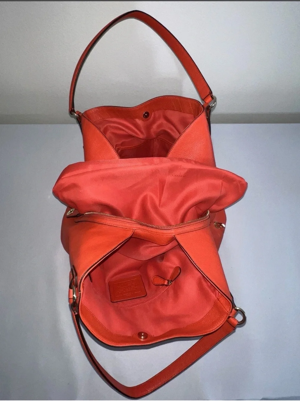 Coach Bright Orange Pebble Leather Shoulder Bag - Picture 13 of 16